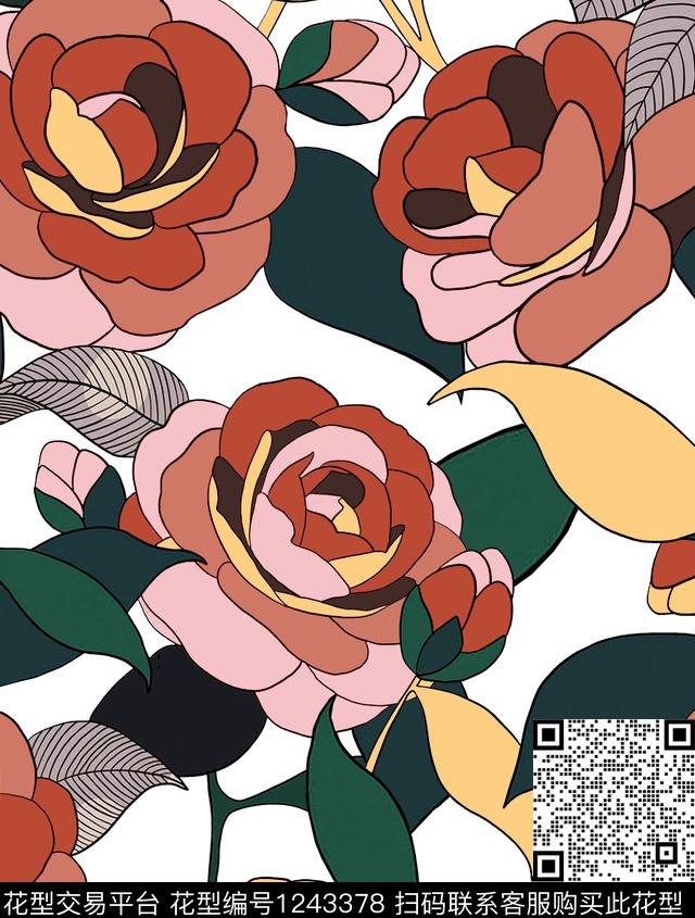 R1901019.jpg - 1243378 - 大牌风 绿植树叶 玫瑰花 - 传统印花花型 － 女装花型设计 － 瓦栏