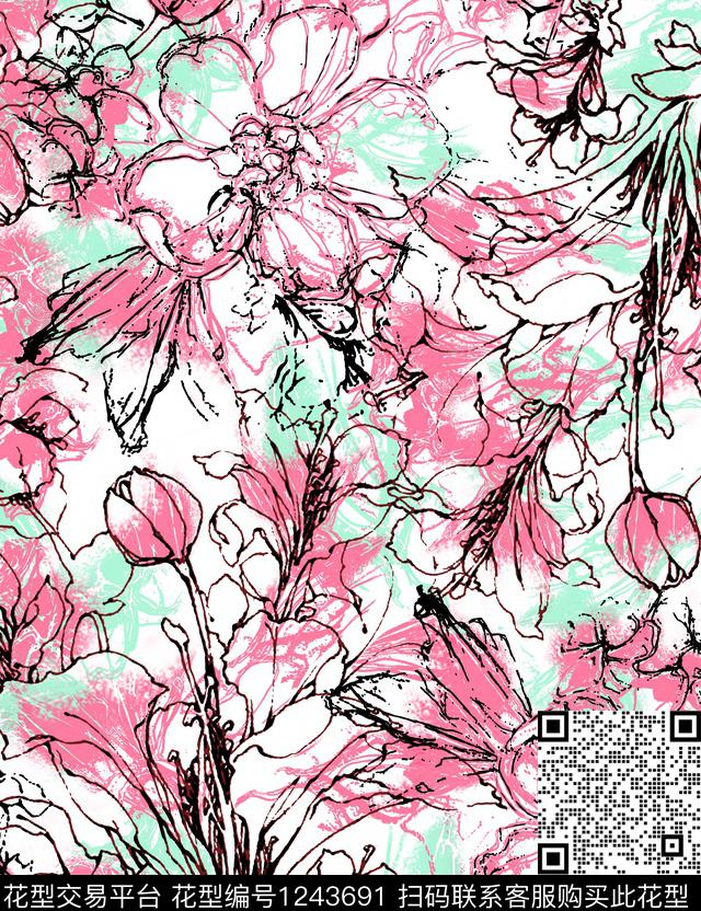 大牌风花卉水彩花卉数码印花花型下载（图片编号: 1243691） - 瓦栏（Walan）