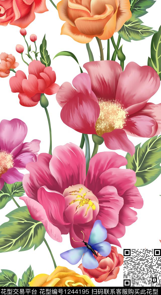 板绘.jpg - 1244195 - 花卉 手绘 板绘 - 数码印花花型 － 床品花型设计 － 瓦栏