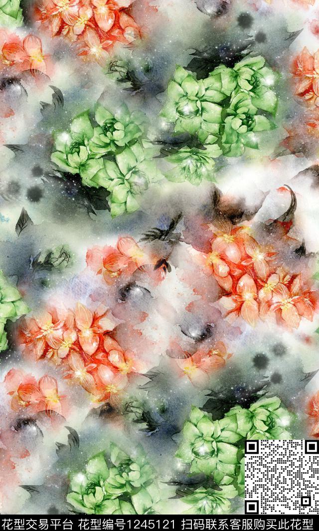 小碎花牡丹旗袍数码印花花型下载（图片编号: 1245121） - 瓦栏（Walan）