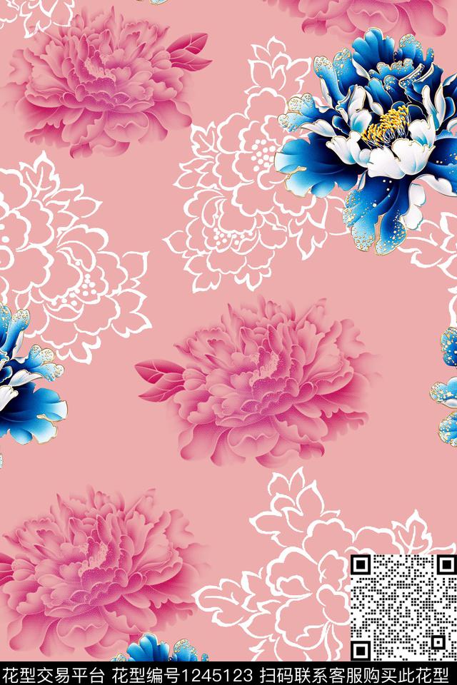 清爽底花卉牡丹旗袍数码印花花型下载（图片编号: 1245123） - 瓦栏（Walan）