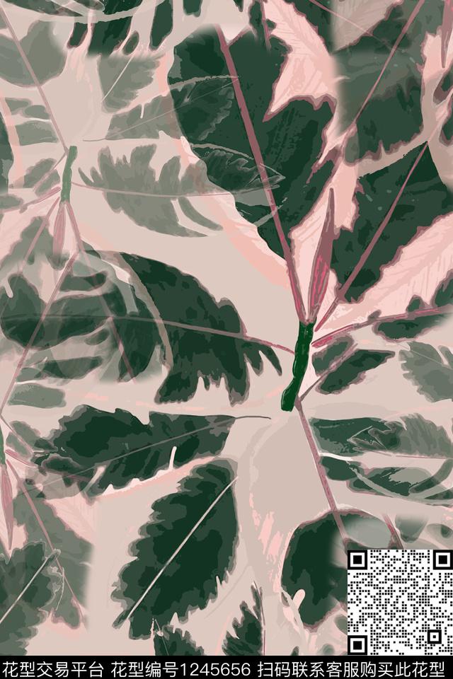 树叶组合混合印花热带海滨度假数码印花花型下载（图片编号: 1245656） - 瓦栏（Walan）