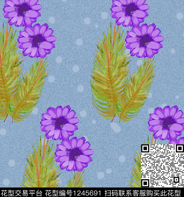 7652.jpg - 1245691 - 手绘 绿植树叶 花卉 - 数码印花花型 － 女装花型设计 － 瓦栏