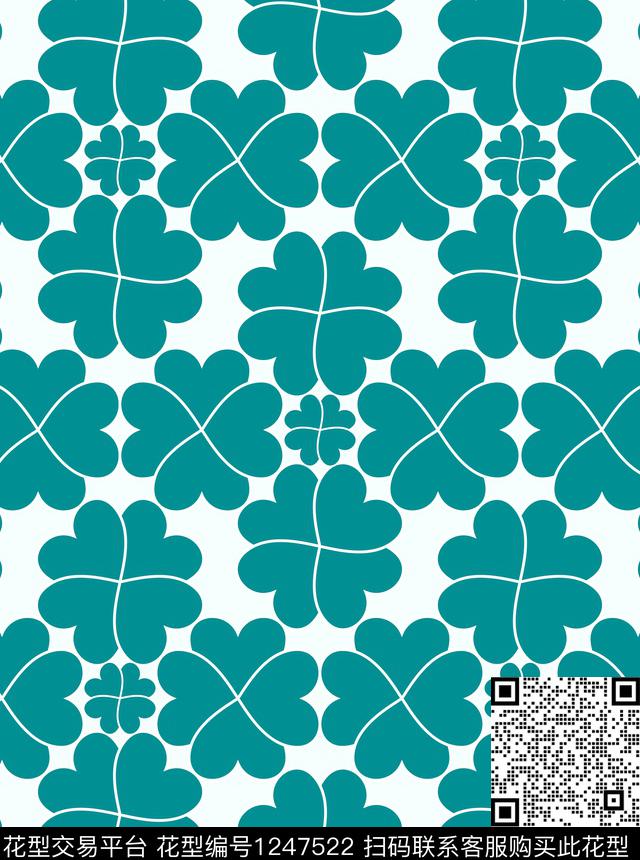 四叶草,四方，淡色小.jpg - 1247522 - 几何 绿植树叶 四叶草 - 传统印花花型 － 方巾花型设计 － 瓦栏