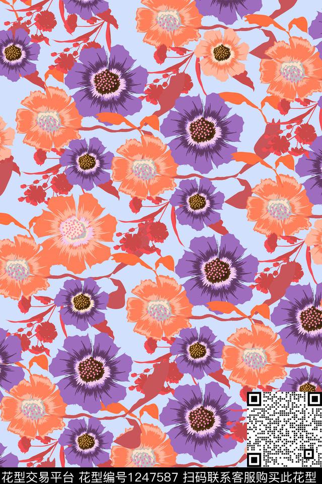紫色橙色大花.jpg - 1247587 - 大牌风 花卉 抽象 - 传统印花花型 － 女装花型设计 － 瓦栏