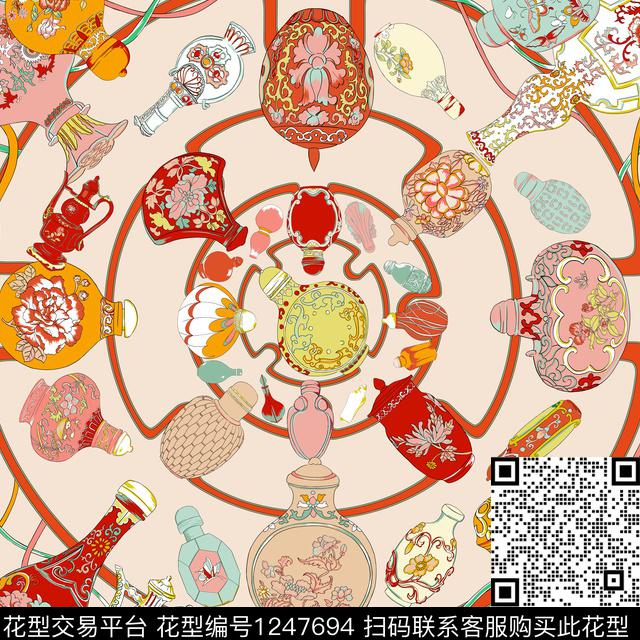 鼻烟壶橙色.jpg - 1247694 - 传统纹样 花瓶 中国 - 数码印花花型 － 方巾花型设计 － 瓦栏
