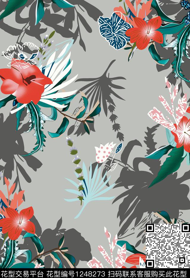 热带大叶子植物花卉.jpg - 1248273 - 潮牌 花卉 矢量 - 数码印花花型 － 女装花型设计 － 瓦栏