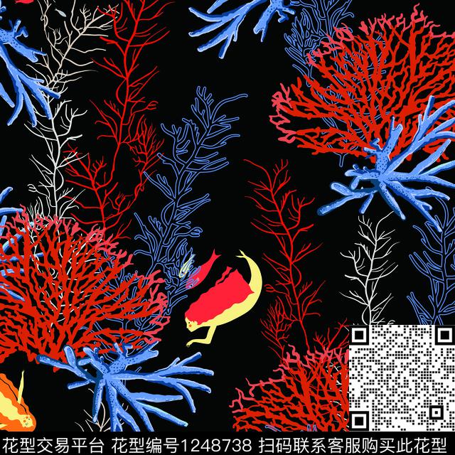 海洋鱼类美人鱼.jpg - 1248738 - 美人鱼 珊瑚 卡通 - 数码印花花型 － 女装花型设计 － 瓦栏