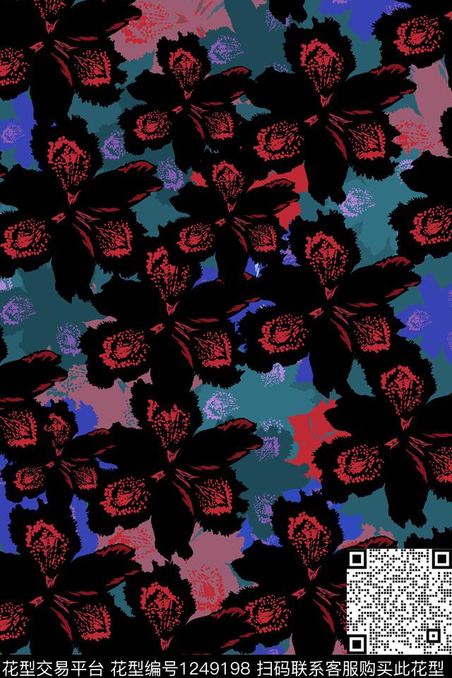 黑红暗系花.jpg - 1249198 - 花卉 大牌风 暗系 - 传统印花花型 － 女装花型设计 － 瓦栏