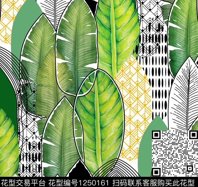 瓦栏2-14.jpg - 1250161 - 几何 水彩 绿植树叶 - 数码印花花型 － 女装花型设计 － 瓦栏