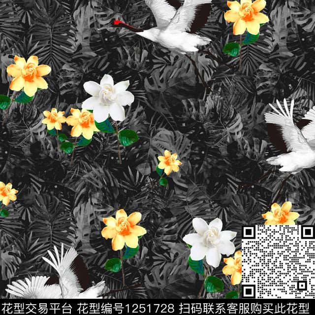 00984.jpg - 1251728 - 动物花卉 仙鹤 绿植树叶 - 数码印花花型 － 泳装花型设计 － 瓦栏