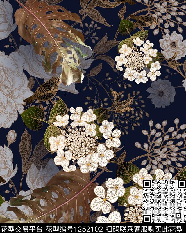 树枝大牌风花卉数码印花花型下载（图片编号: 1252102） - 瓦栏（Walan）