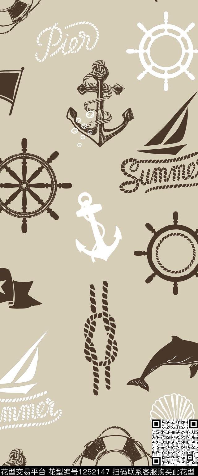海洋-船长A(咖色）.jpg - 1252147 - 海军 帆船 墙纸 - 传统印花花型 － 窗帘花型设计 － 瓦栏
