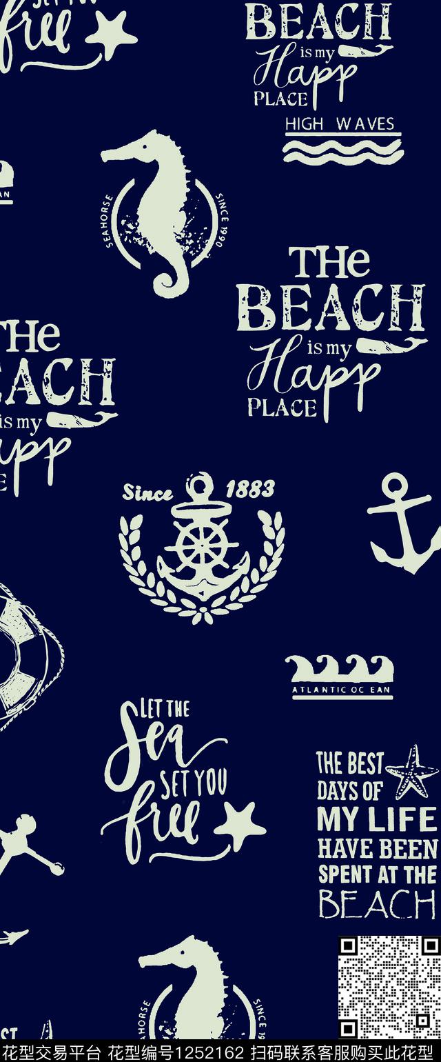 海洋-船长B(藏青色）.jpg - 1252162 - 海马 墙纸 欧美 - 传统印花花型 － 窗帘花型设计 － 瓦栏