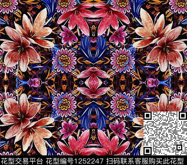 对称花卉.jpg - 1252247 - 民族风 创意 数码花型 - 数码印花花型 － 女装花型设计 － 瓦栏