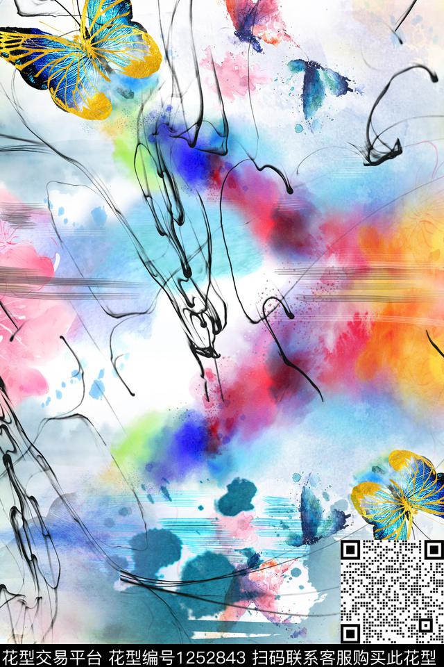 水墨风蝴蝶肌理数码印花花型下载（图片编号: 1252843） - 瓦栏（Walan）