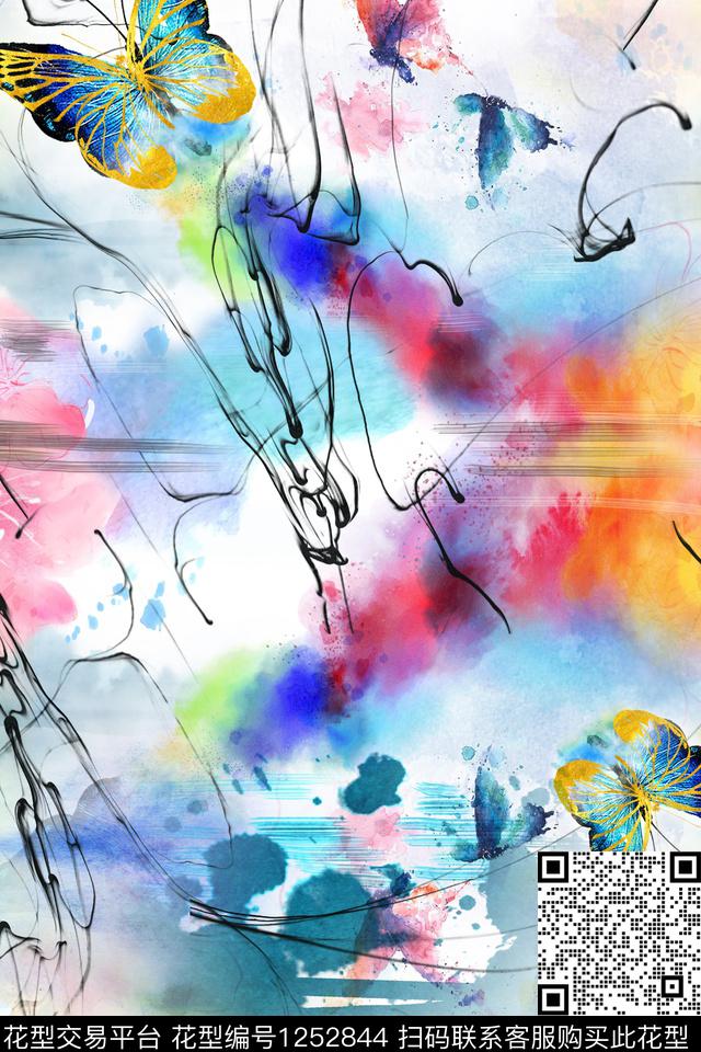 水墨风蝴蝶肌理数码印花花型下载（图片编号: 1252844） - 瓦栏（Walan）