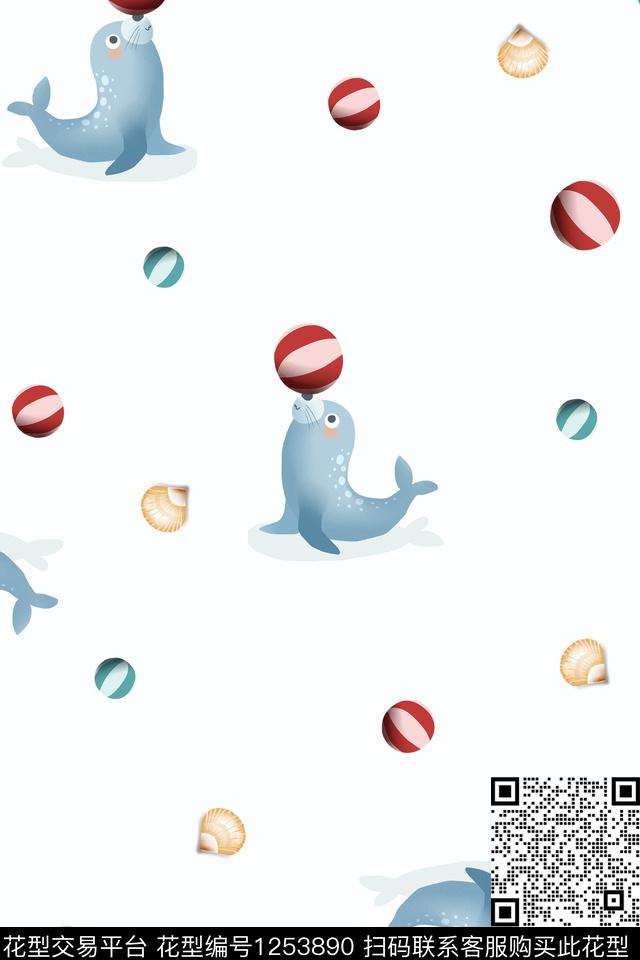 海豚海洋卡通动物数码印花花型下载（图片编号: 1253890） - 瓦栏（Walan）