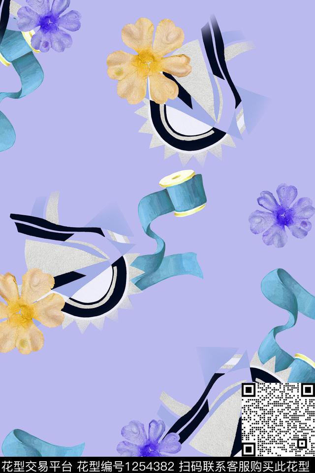 几何色块丝带水彩小花-1.jpg - 1254382 - 线条 花卉 蝴蝶结 - 数码印花花型 － 女装花型设计 － 瓦栏