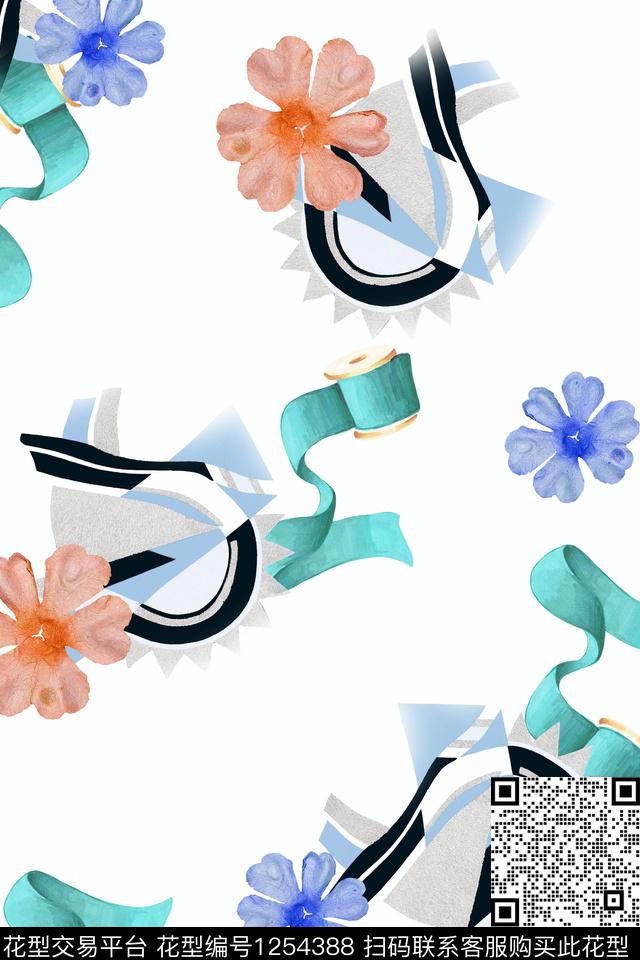 几何色块丝带水彩小花.jpg - 1254388 - 线条 花卉 蝴蝶结 - 数码印花花型 － 女装花型设计 － 瓦栏
