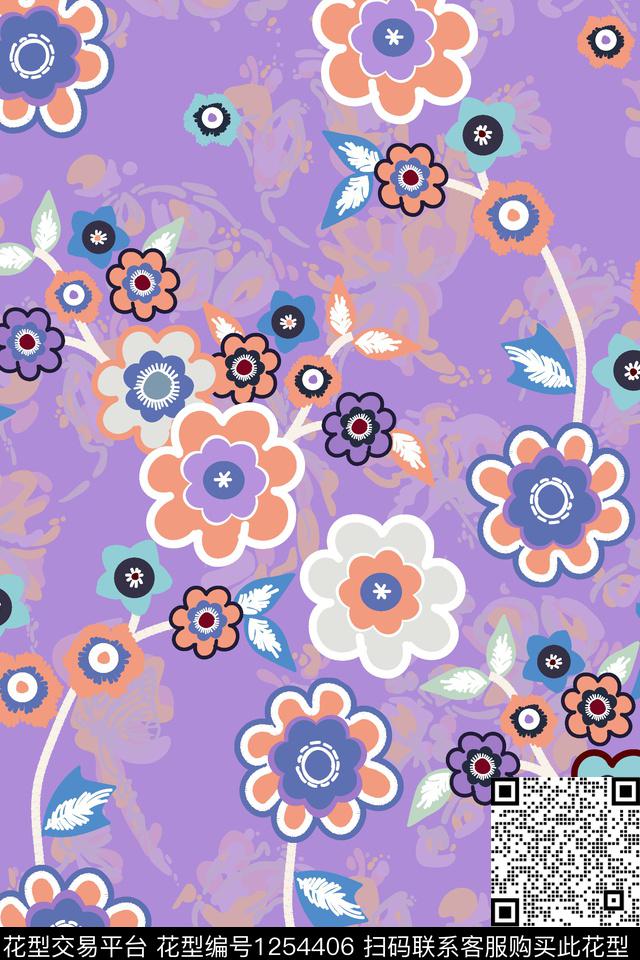 紫兰底纹贴花-配色紫.jpg - 1254406 - 几何 抽象 花卉 - 数码印花花型 － 女装花型设计 － 瓦栏