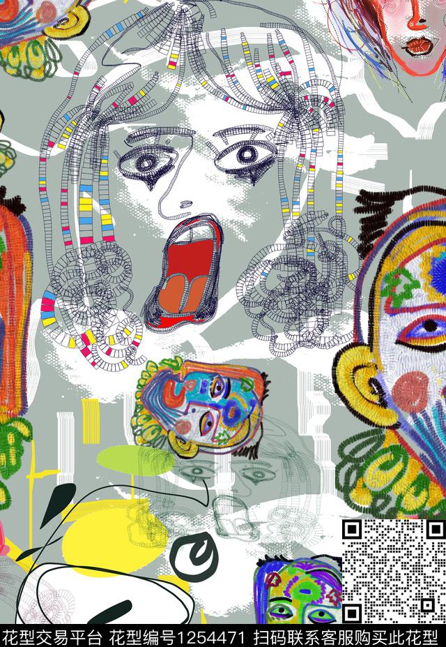 人物涂鸦5#.jpg - 1254471 - 北欧 抽象 人物 - 数码印花花型 － 女装花型设计 － 瓦栏