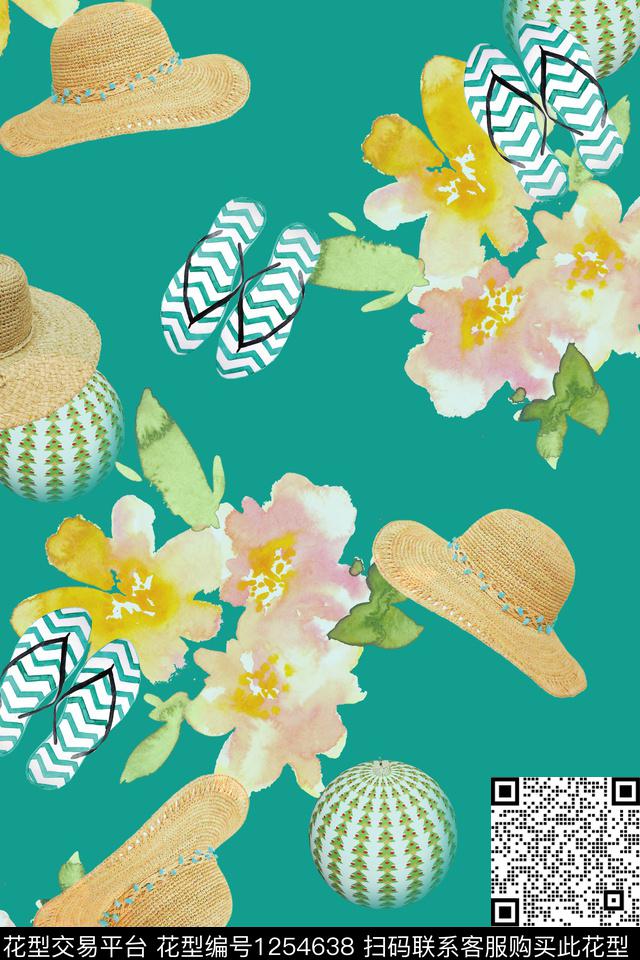 沙滩风情草帽拖鞋-1.jpg - 1254638 - 鞋子 水彩花卉 帽子 - 数码印花花型 － 女装花型设计 － 瓦栏
