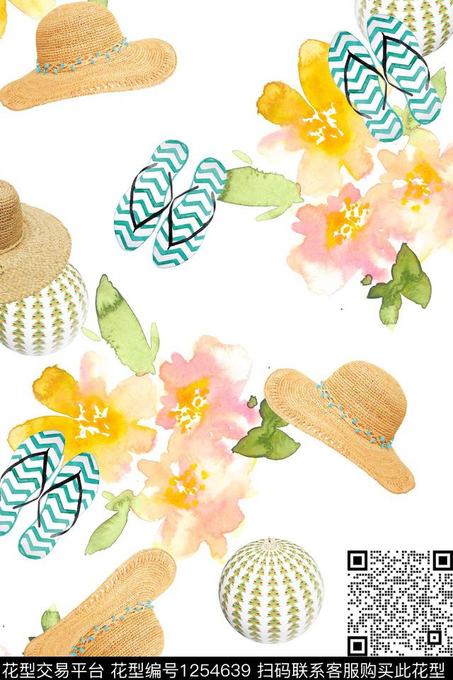 沙滩风情草帽拖鞋.jpg - 1254639 - 鞋子 水彩花卉 帽子 - 数码印花花型 － 女装花型设计 － 瓦栏
