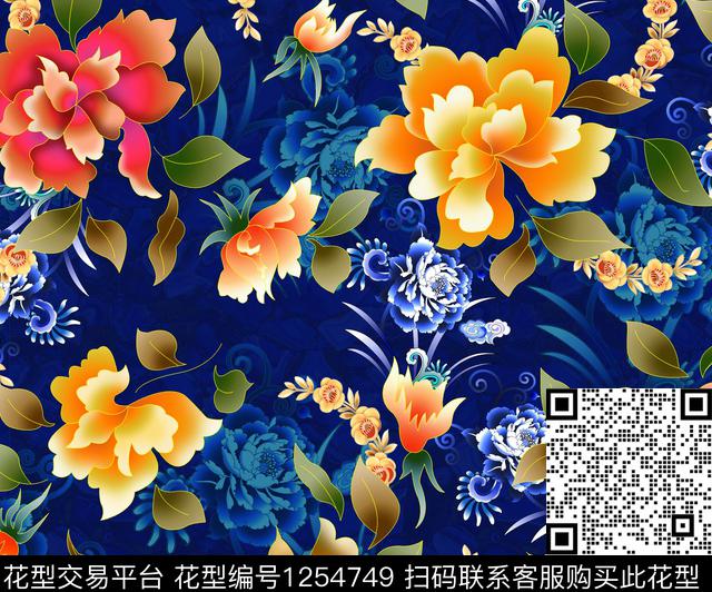 C-0004.jpg - 1254749 - 青花瓷 手绘花卉 国画 - 数码印花花型 － 女装花型设计 － 瓦栏
