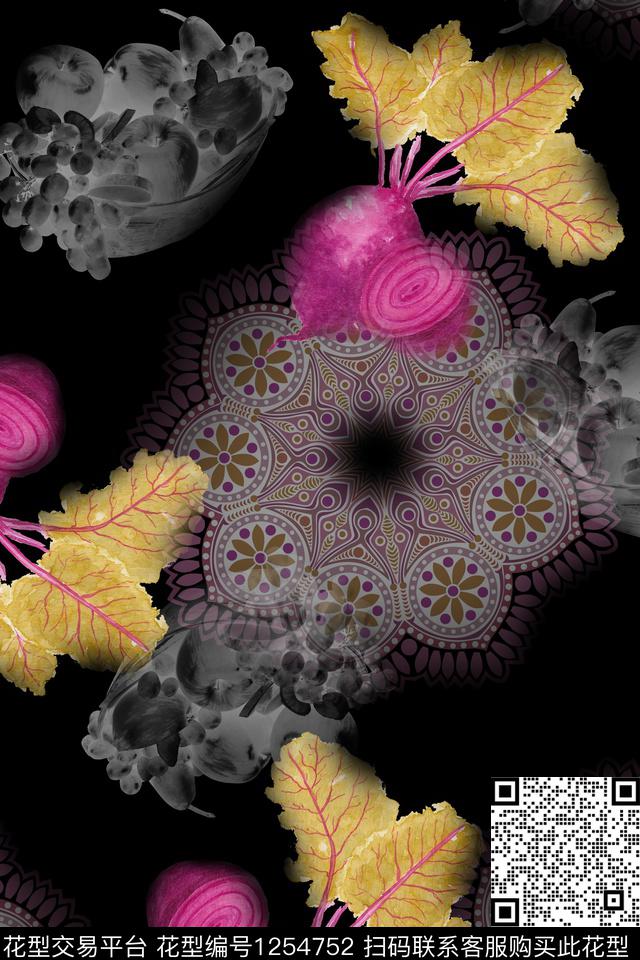 曼陀罗水果篮子水彩萝卜-1.jpg - 1254752 - 曼陀罗 绿植树叶 抽象花卉 - 数码印花花型 － 女装花型设计 － 瓦栏