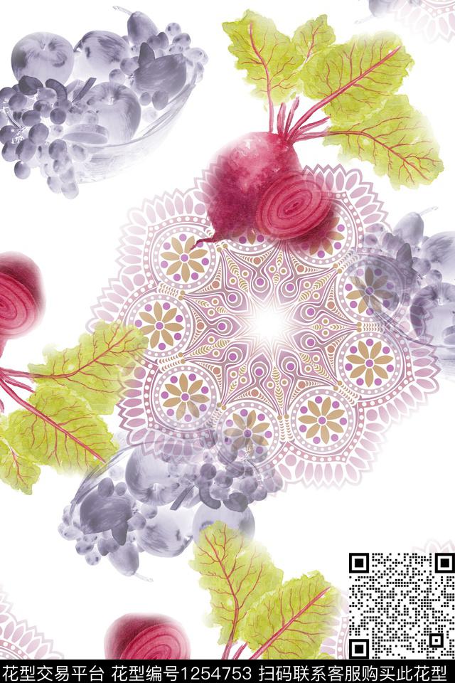 曼陀罗水果篮子水彩萝卜.jpg - 1254753 - 曼陀罗 绿植树叶 抽象花卉 - 数码印花花型 － 女装花型设计 － 瓦栏