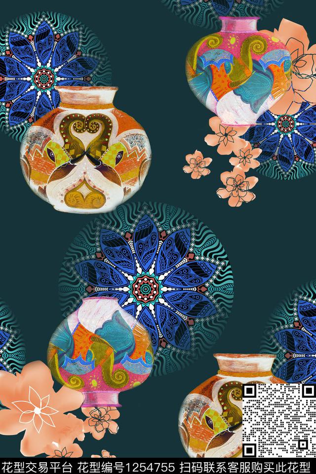 曼陀罗小花-1.jpg - 1254755 - 曼陀罗 抽象花卉 古典花纹 - 数码印花花型 － 女装花型设计 － 瓦栏