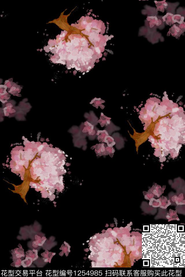 樱花树花瓣.jpg - 1254985 - 花卉 抽象花卉 樱花 - 数码印花花型 － 女装花型设计 － 瓦栏