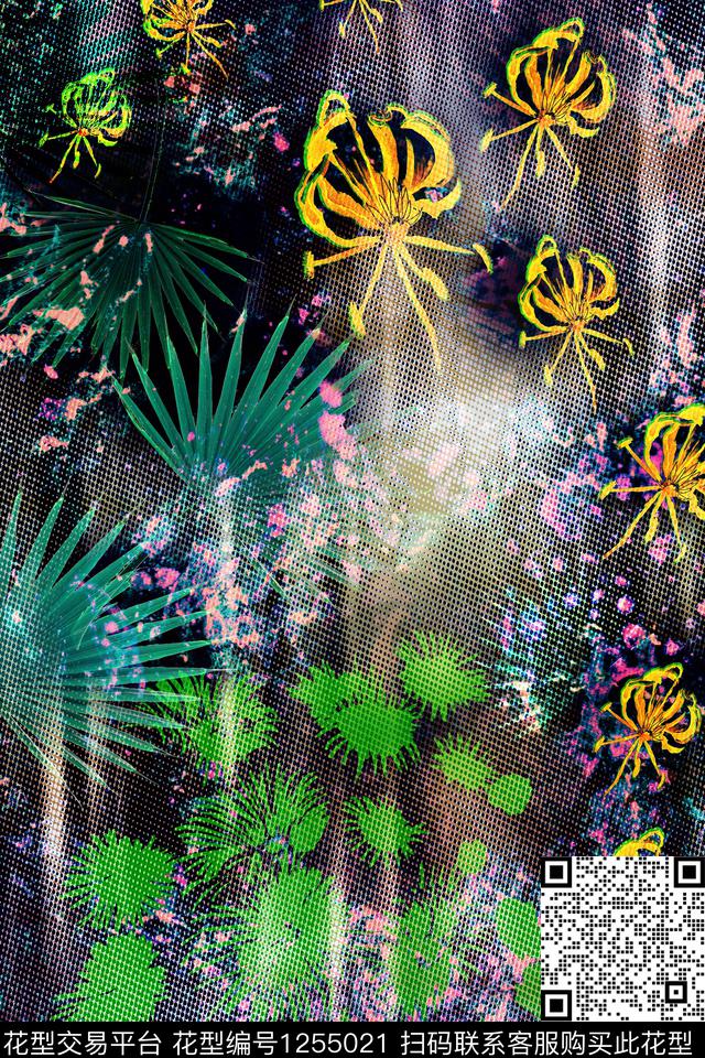 夜空下的花.jpg - 1255021 - 秋冬花型 扶桑花 黑底花卉 - 数码印花花型 － 男装花型设计 － 瓦栏