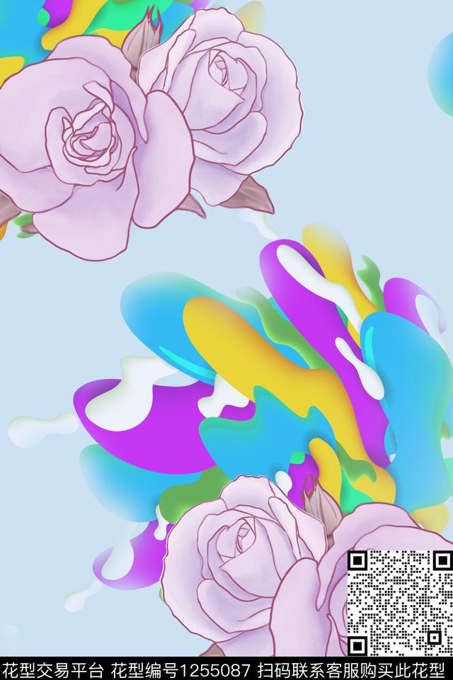 抽象幻彩色块花卉-1.jpg - 1255087 - 抽象 花卉 炫彩 - 数码印花花型 － 女装花型设计 － 瓦栏