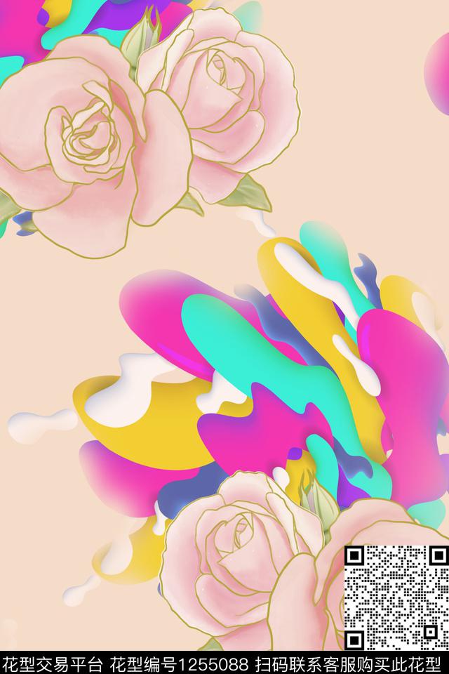 抽象幻彩色块花卉.jpg - 1255088 - 抽象 花卉 炫彩 - 数码印花花型 － 女装花型设计 － 瓦栏