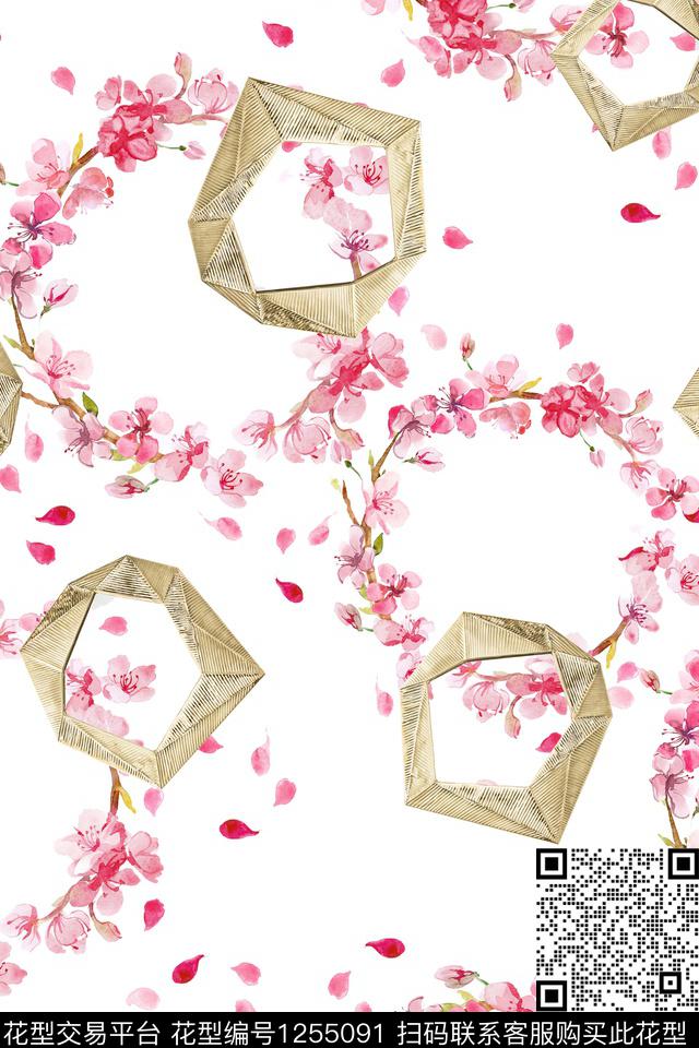 花环几何.jpg - 1255091 - 抽象 几何 小花瓣 - 数码印花花型 － 女装花型设计 － 瓦栏