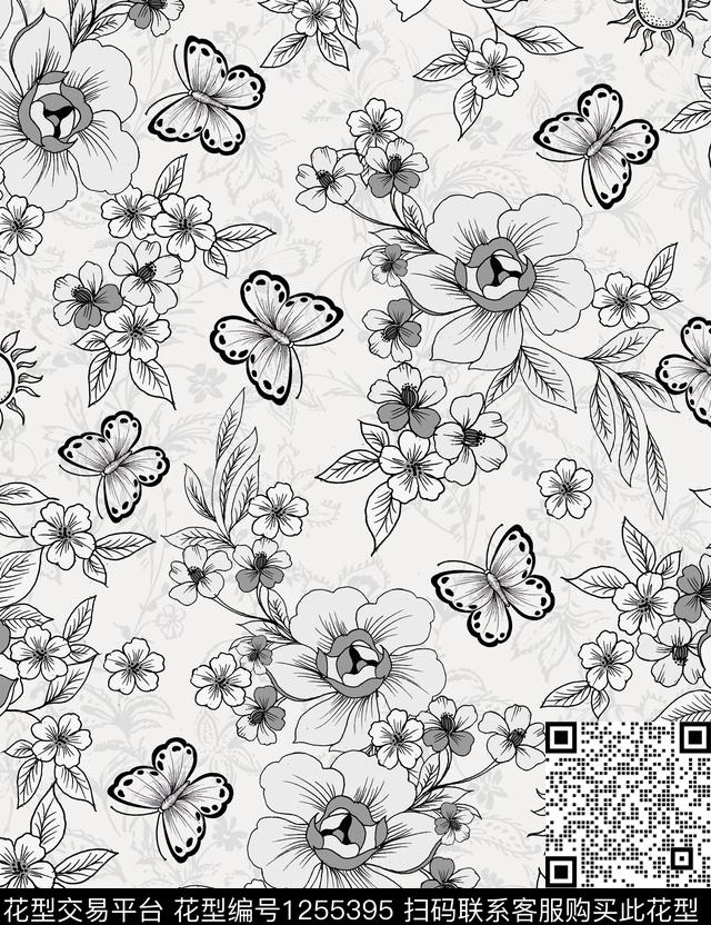花卉蝴蝶花卉时尚传统印花花型下载（图片编号: 1255395） - 瓦栏（Walan）