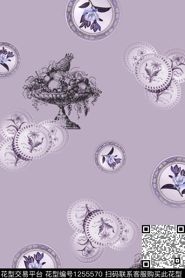瓷器花卉线条抽象果盘-3.jpg - 1255570 - 古典花纹 花卉 趣味 - 数码印花花型 － 女装花型设计 － 瓦栏