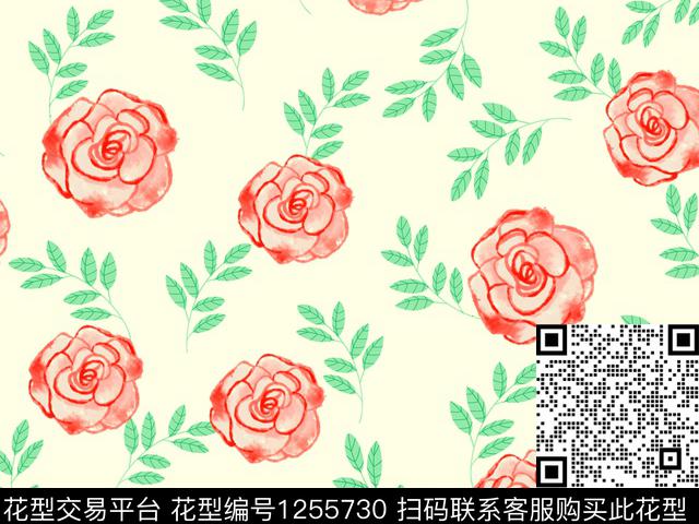 190829-1.jpg - 1255730 - 手绘花卉 红花绿叶 漂亮 - 数码印花花型 － 女装花型设计 － 瓦栏