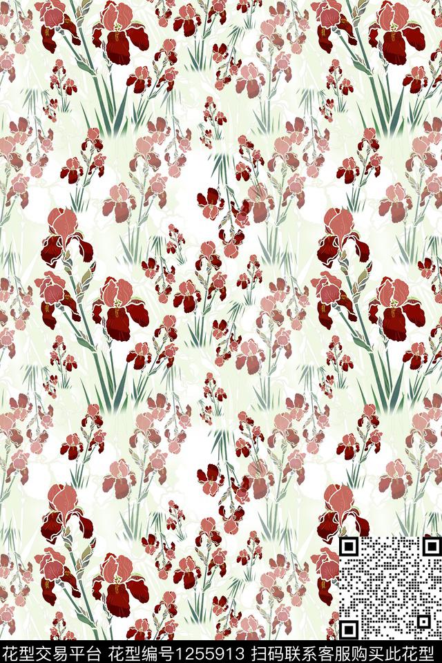 鸢尾花植物民族风图案数码印花花型下载（图片编号: 1255913） - 瓦栏（Walan）