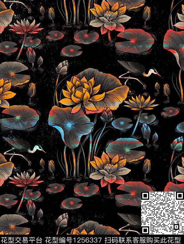 荷 鸟1.jpg - 1256337 - 花卉 波浪纹 鸟 - 数码印花花型 － 男装花型设计 － 瓦栏
