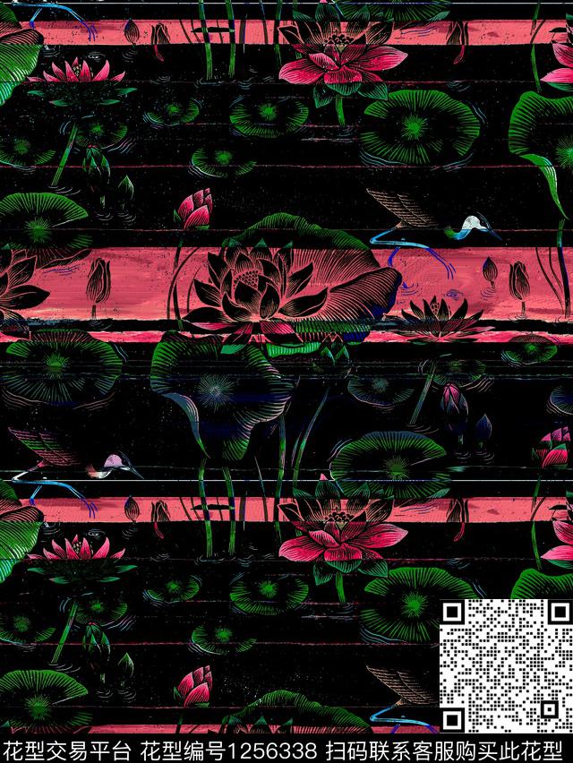 荷 鸟2.jpg - 1256338 - 花卉 波浪纹 鸟 - 数码印花花型 － 男装花型设计 － 瓦栏