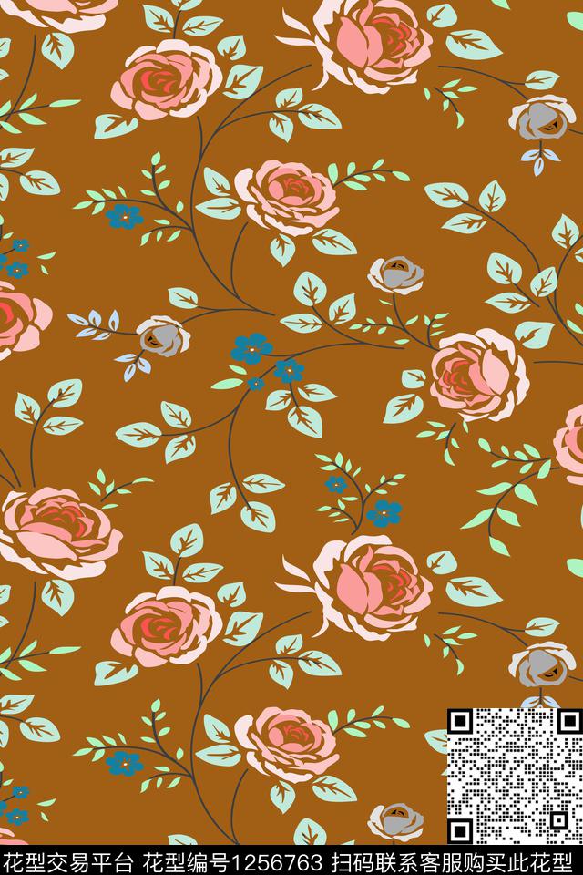 蓝底.jpg - 1256763 - 复古 中国 花卉 - 传统印花花型 － 女装花型设计 － 瓦栏