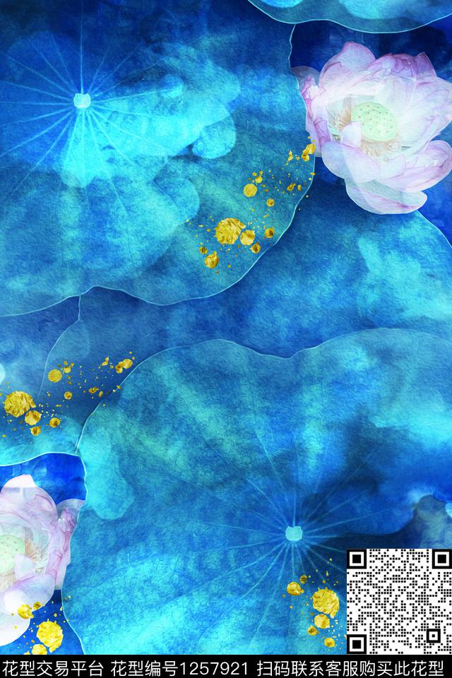 手绘蓝色荷花数码印花花型下载（图片编号: 1257921） - 瓦栏（Walan）