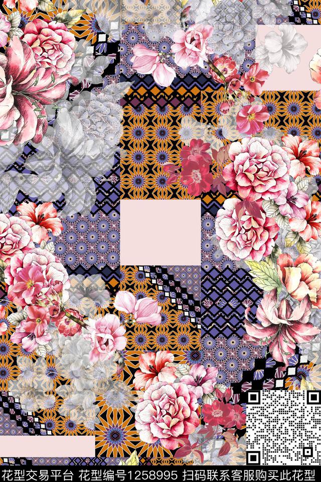 H1862054.tif - 1258995 - 女装 花卉 电脑合成 - 数码印花花型 － 女装花型设计 － 瓦栏