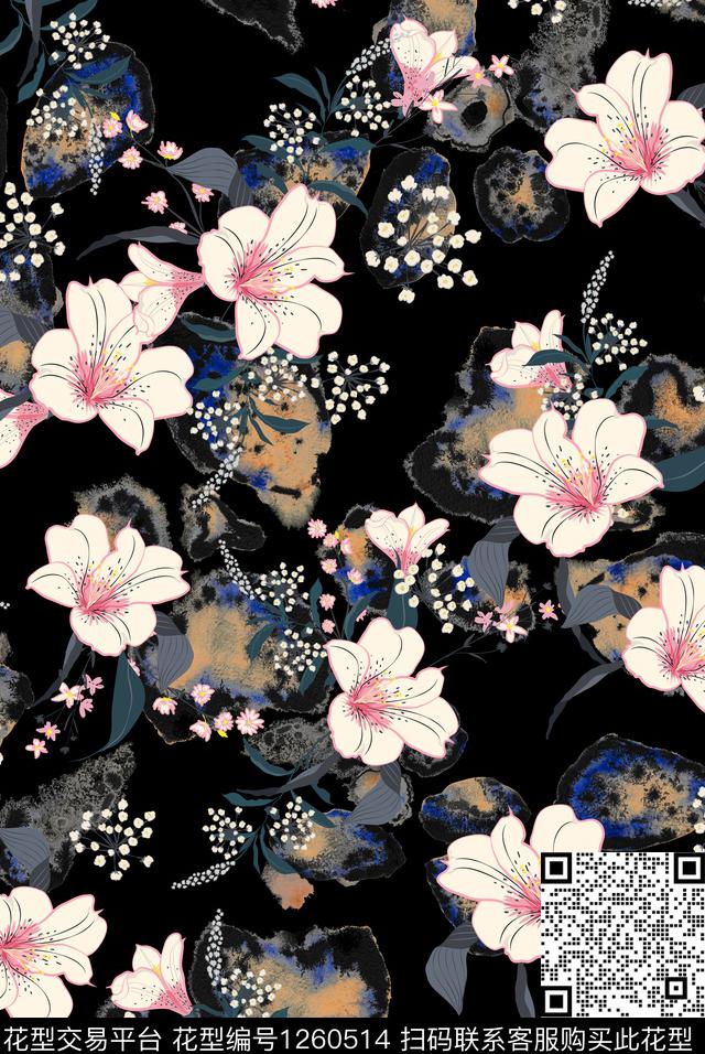 豹纹小碎花百合数码印花花型下载（图片编号: 1260514） - 瓦栏（Walan）