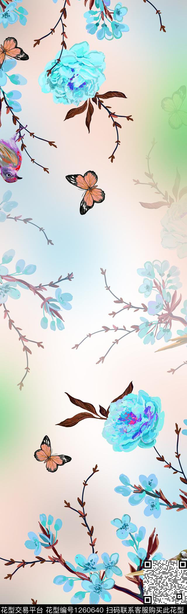梅花围巾蝴蝶数码印花花型下载（图片编号: 1260640） - 瓦栏（Walan）
