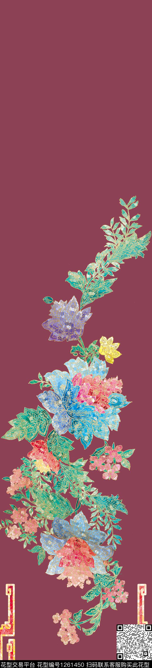 190913.jpg - 1261450 - 风格化花卉 中国风定位花 抽象花卉 - 数码印花花型 － 窗帘花型设计 － 瓦栏