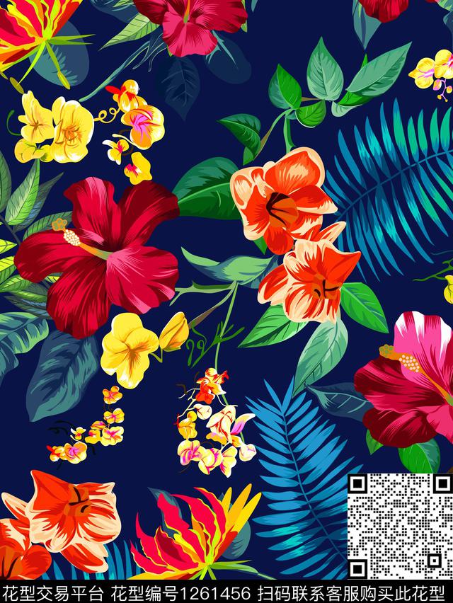 棕榈树热带花型数码花型数码印花花型下载（图片编号: 1261456） - 瓦栏（Walan）